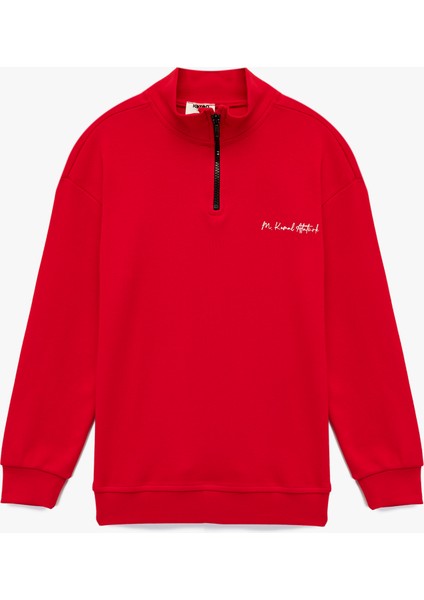 Dik Yaka Yarım Fermuarlı Uzun Kollu Atatürk Nakışlı Pamuklu Sweatshirt