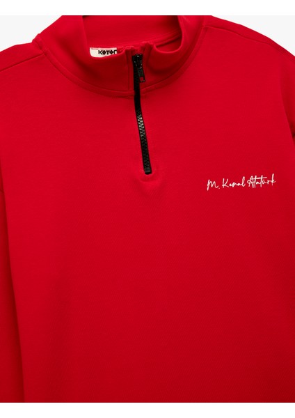 Dik Yaka Yarım Fermuarlı Uzun Kollu Atatürk Nakışlı Pamuklu Sweatshirt modelleri