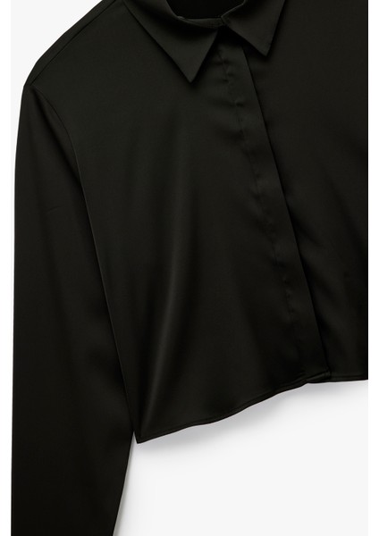 Uzun Kollu Klasik Yaka Crop Saten Gömlek modelleri