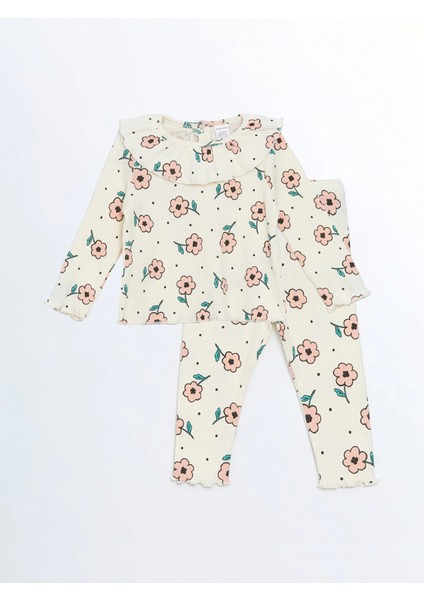 Lcw Baby Ekru Bisiklet Yaka Uzun Kollu Çiçekli Bluz ve Tayt 2'li Takım