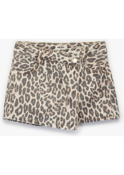 Leopar Desenli Pamuklu Kruvaze Denim Şort Etek