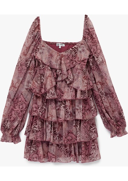 Uzun Balon Kollu V Yaka Katlı Fırfırlı Çiçekli Şifon Mini Elbise modelleri