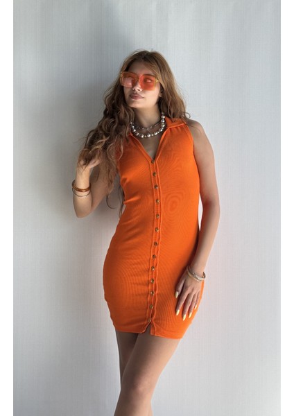 Kadın Gömlek Yaka Boydan Düğmeli Mini Elbise