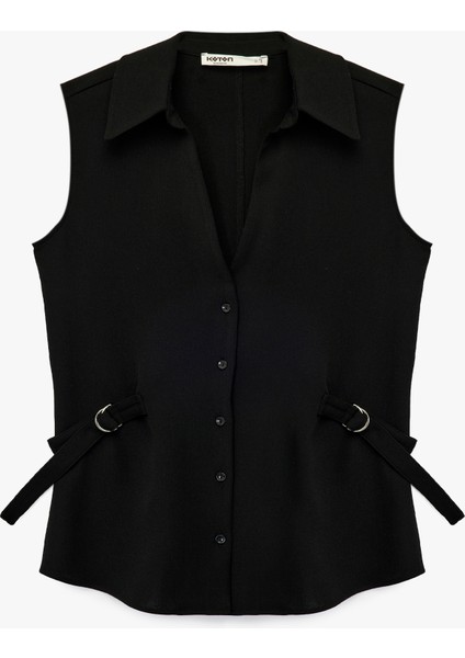 Klasik Yaka Yarım Kemer Detaylı Krep Kolsuz Gömlek