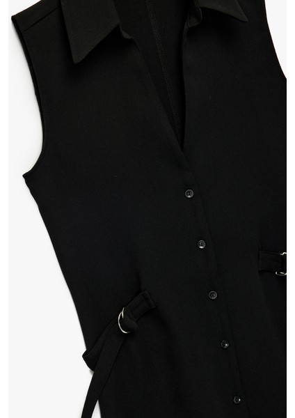 Klasik Yaka Yarım Kemer Detaylı Krep Kolsuz Gömlek modelleri