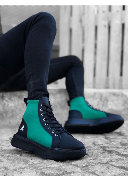 ET0256 Bağcıklı Erkek Yüksek Taban Siyah Yeşil Taban Spor Bot