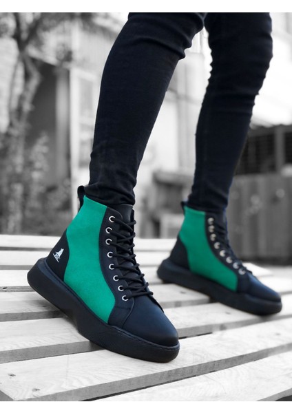 ET0256 Bağcıklı Erkek Yüksek Taban Siyah Yeşil Taban Spor Bot fiyatları