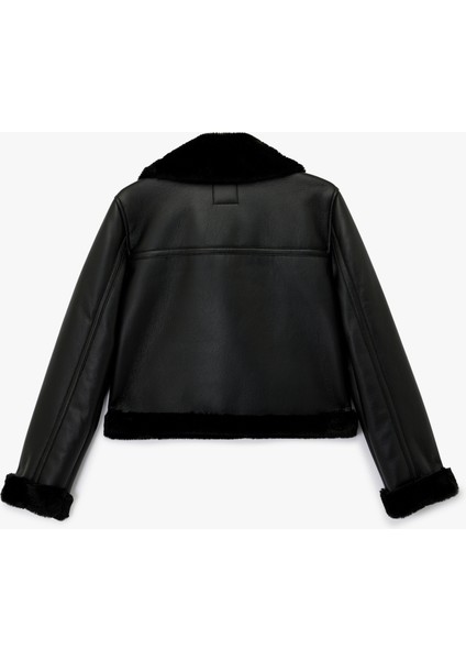 Uzun Kollu Deri Görünümlü Suni Kürk Yaka Biker Ceket fiyatları