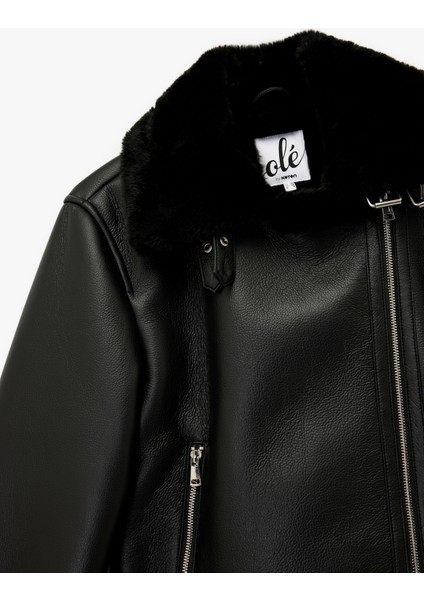 Uzun Kollu Deri Görünümlü Suni Kürk Yaka Biker Ceket modelleri