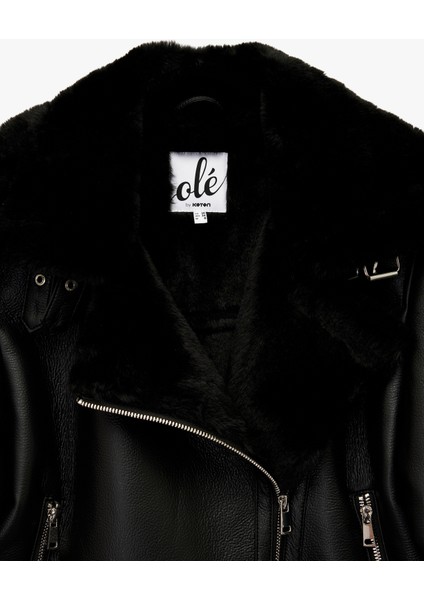 Uzun Kollu Deri Görünümlü Suni Kürk Yaka Biker Ceket fırsatları