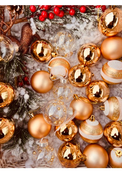 Yılbaşı Çam Ağaç Süsü Şampanya Rose Gold Şeffaf Parlak Mat Beyaz 6 cm 25 Parça Ağaç Süsleme Seti