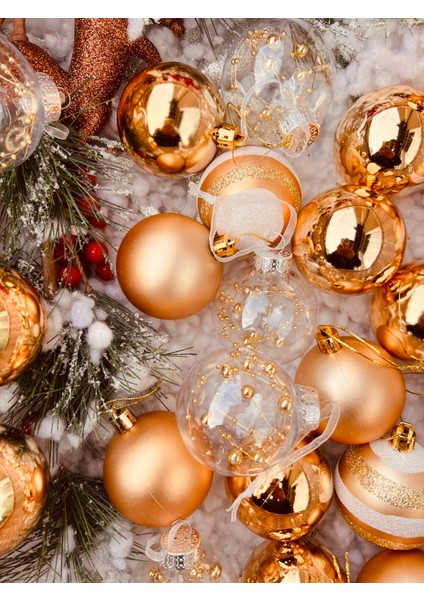 Yılbaşı Çam Ağaç Süsü Şampanya Rose Gold Şeffaf Parlak Mat Beyaz 6 cm 25 Parça Ağaç Süsleme Seti fiyatları