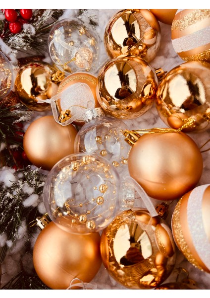 Yılbaşı Çam Ağaç Süsü Şampanya Rose Gold Şeffaf Parlak Mat Beyaz 6 cm 25 Parça Ağaç Süsleme Seti indirimleri