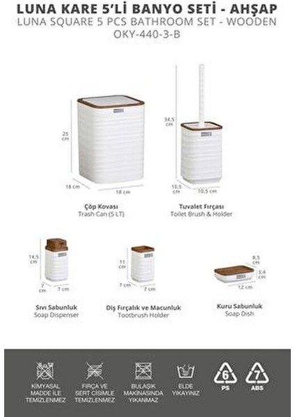 Luna Beyaz Ahşap Desenli Kare 5'li Banyo Seti indirimleri