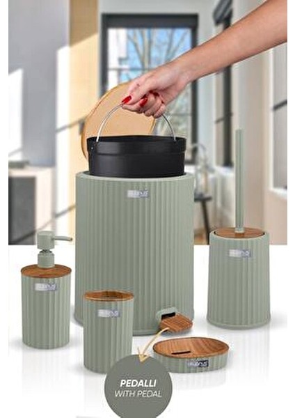 Coliseum Yeşil Ahşap Desenli 5'li Banyo Seti modelleri