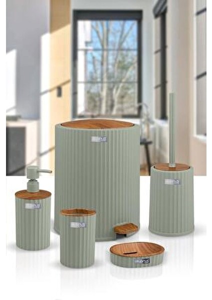 Coliseum Yeşil Ahşap Desenli 5'li Banyo Seti indirimleri