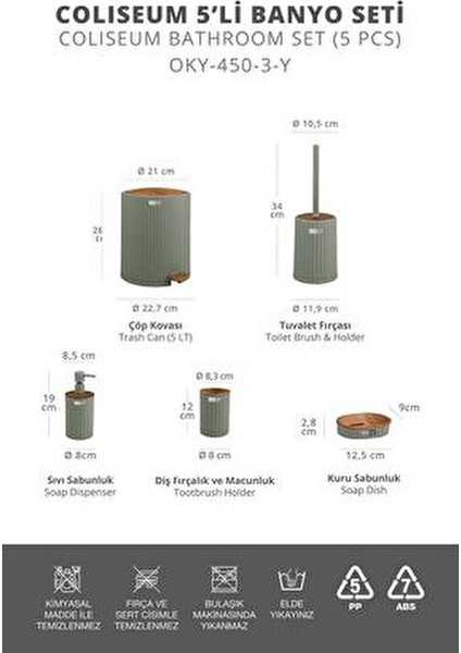 Coliseum Yeşil Ahşap Desenli 5'li Banyo Seti