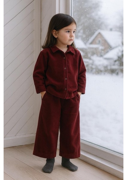 Kız Çocuk Mürdüm Kadife 2'li Takım, %100 Pamuk