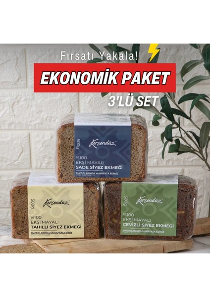 %100 Siyez Ekşi Mayalı Ekmekler 3'lü Seçim 3X500GR (Tahıllı-Sade-Cevizli)