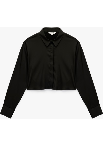 Uzun Kollu Klasik Yaka Crop Saten Gömlek