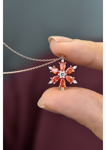 925 Ayar Gümüş Turuncu Taşlı Kamelya Çiçeği Kadın Kolye modelleri