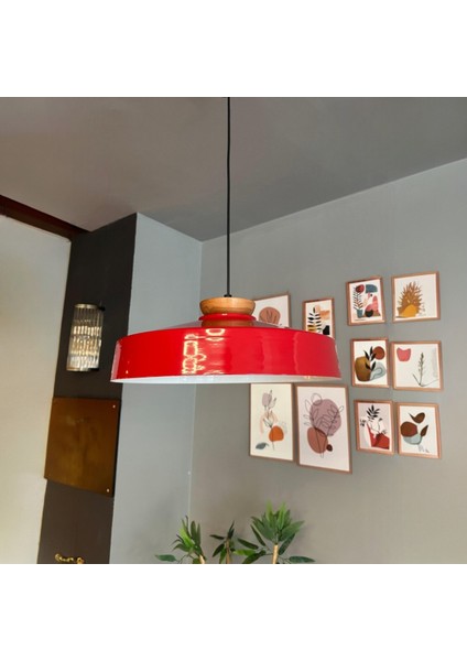 Açe Kırmızı Tekli Tabak Ahşap Başlık Avize Retro Sarkıt Ofis Showroom Salon Mutfak Avizeleri indirimleri