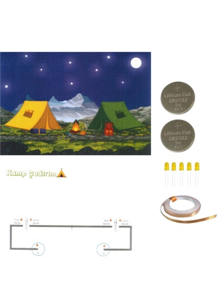 Kamp Cadırı Fen Bilim Deneyi - Bakır Folyo Iletken Bant 5mm LED,CR2032 Pil Kağıt Devre Kit