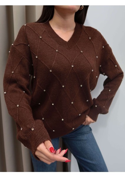 V Yaka Taşlı Triko Kazak modelleri