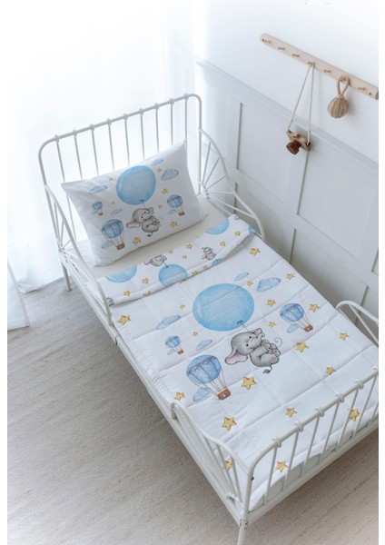 Organik Baskılı Bebek Boy (100X150) Yorgan Seti - For Baby Serisi - Mavi Büyük Balonlu Fil