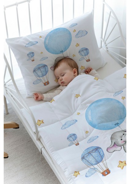 Organik Baskılı Bebek Boy (100X150) Yorgan Seti - For Baby Serisi - Mavi Büyük Balonlu Fil fiyatları