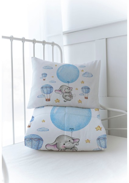 Organik Baskılı Bebek Boy (100X150) Yorgan Seti - For Baby Serisi - Mavi Büyük Balonlu Fil modelleri
