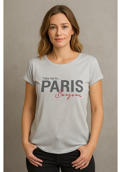 Kadın Gri Simli Paris Yazı Baskılı Tişört Tunik