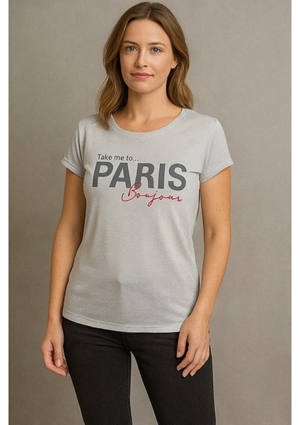 Kadın Gri Simli Paris Yazı Baskılı Tişört Tunik modelleri