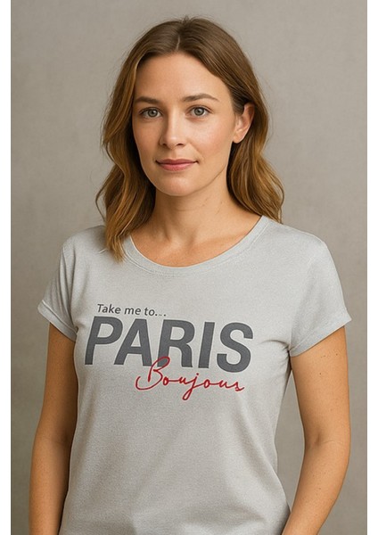 Kadın Gri Simli Paris Yazı Baskılı Tişört Tunik fırsatları