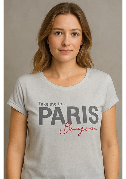 Kadın Gri Simli Paris Yazı Baskılı Tişört Tunik indirimleri