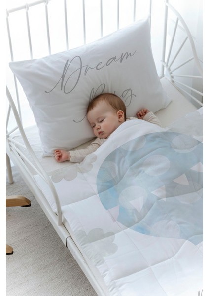 Organik Baskılı Bebek Boy (100X150) Yorgan Seti - Pure Baby Serisi - Bulutlu Mavi Hava Balonu fiyatları