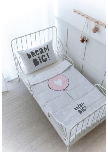 Organik Baskılı Bebek Boy (100X150) Yorgan Seti - Pure Baby Serisi - Pembe Kalpli Balon