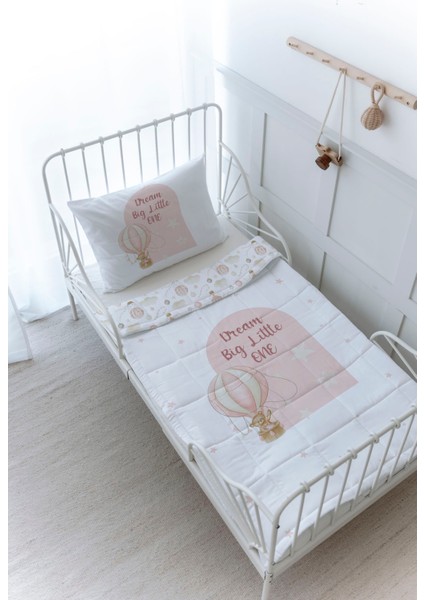 Organik Baskılı Bebek Boy (100X150) Yorgan Seti - For Baby Serisi - Pembe Balonda Ayı
