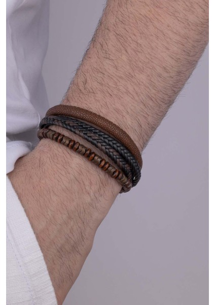 Kahve Siyah Detaylı Erkek Doğal Taş Deri Bileklik Kombini