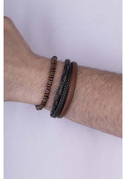Kahve Siyah Detaylı Erkek Doğal Taş Deri Bileklik Kombini fiyatları