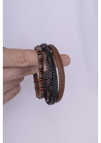 Kahve Siyah Detaylı Erkek Doğal Taş Deri Bileklik Kombini modelleri