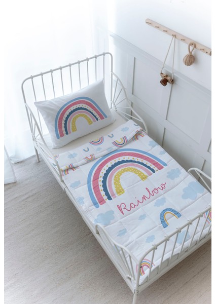 Organik Baskılı Bebek Boy (100X150) Yorgan Seti - For Baby Serisi - Pembe Gökkuşağı