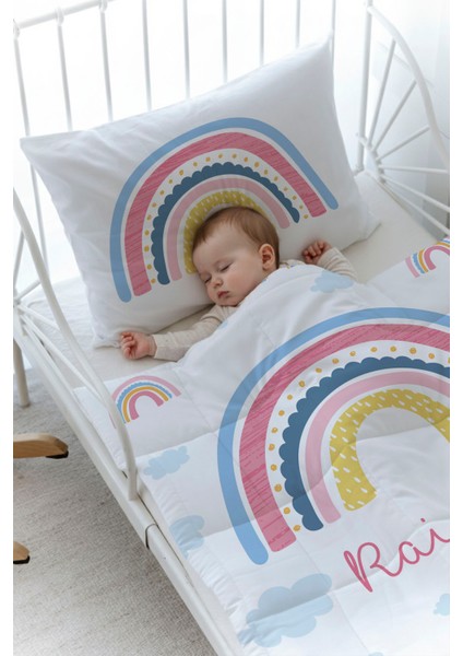 Organik Baskılı Bebek Boy (100X150) Yorgan Seti - For Baby Serisi - Pembe Gökkuşağı fiyatları