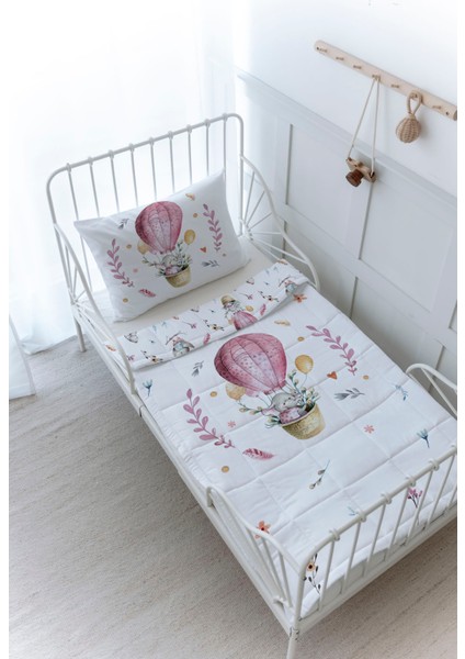 Organik Baskılı Bebek Boy (100X150) Yorgan Seti - For Baby Serisi - Pembe Balonda Fil