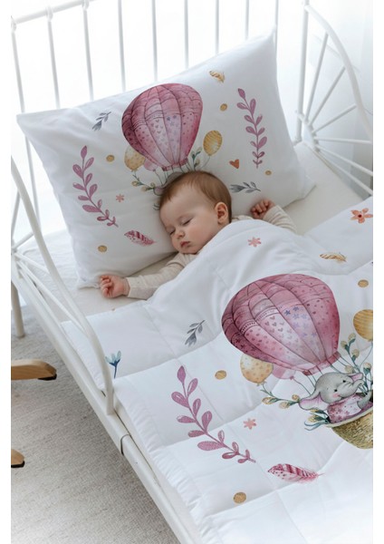 Organik Baskılı Bebek Boy (100X150) Yorgan Seti - For Baby Serisi - Pembe Balonda Fil fiyatları