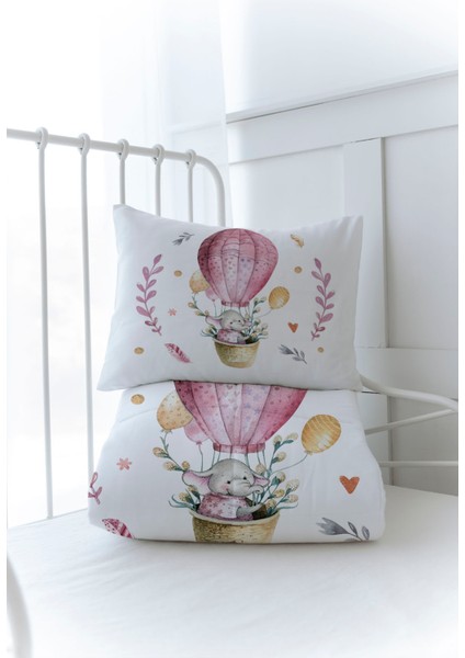 Organik Baskılı Bebek Boy (100X150) Yorgan Seti - For Baby Serisi - Pembe Balonda Fil modelleri