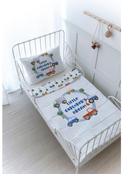 Organik Baskılı Bebek Boy (100X150) Yorgan Seti - For Baby Serisi - Mavi Çemberde Arabalar