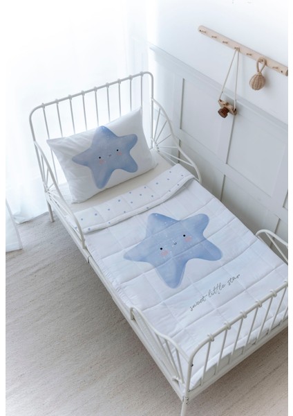 Organik Baskılı Bebek Boy (100X150) Yorgan Seti - Pure Baby Serisi - Pofuduk Mavi Yıldız
