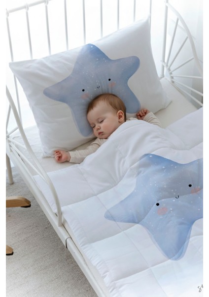 Organik Baskılı Bebek Boy (100X150) Yorgan Seti - Pure Baby Serisi - Pofuduk Mavi Yıldız fiyatları