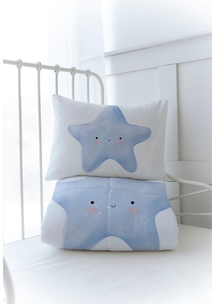 Organik Baskılı Bebek Boy (100X150) Yorgan Seti - Pure Baby Serisi - Pofuduk Mavi Yıldız modelleri